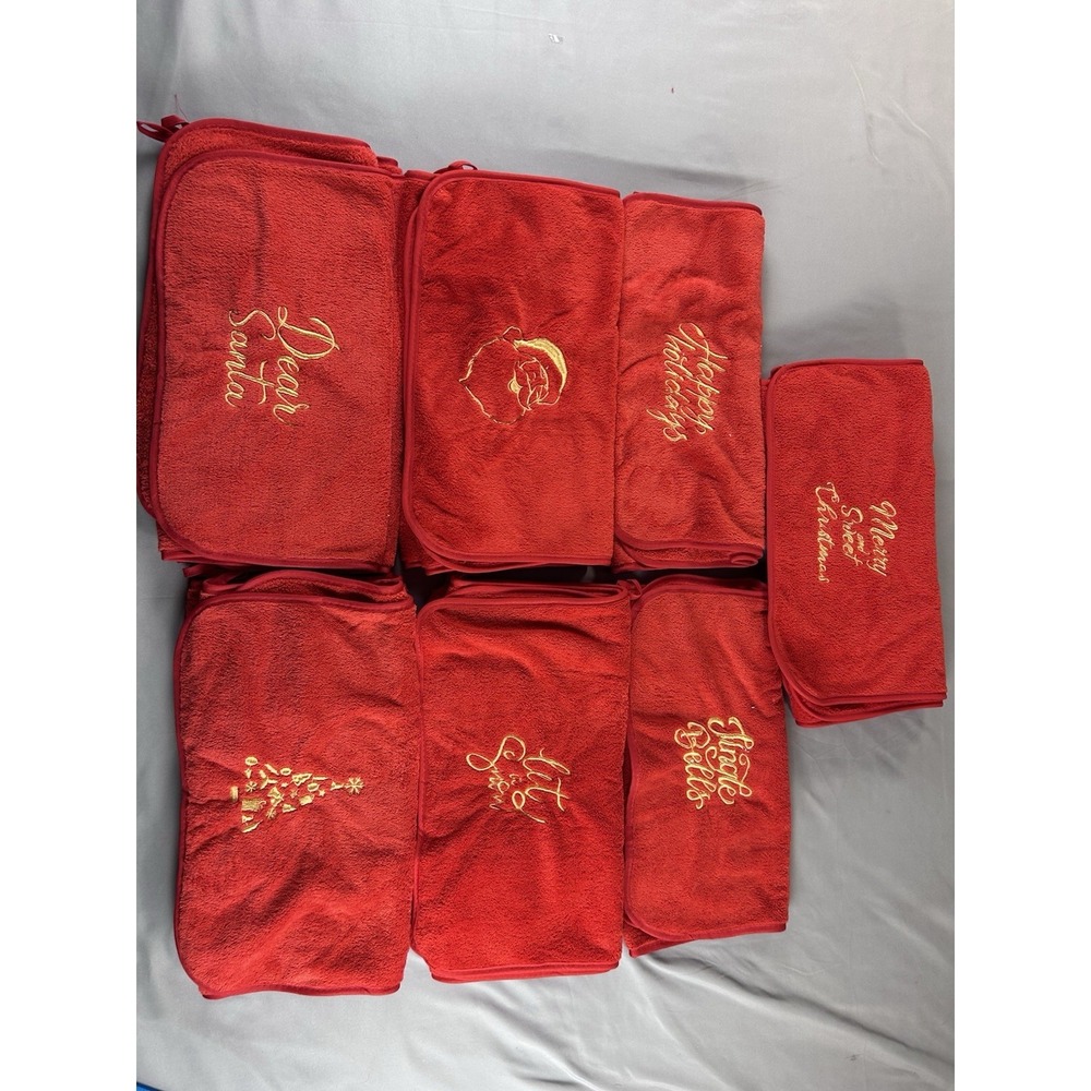 Lot of 12 Christmas Hand Towels Red Gold Embroidered Santa Joy Noel Holiday